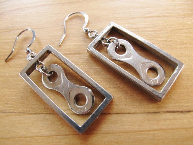 Bike Chain Rectangle Earrings, Biker Earrings, Recycled Bicycle Jewelry, Rose Pedals Jewelry, Ships from Canada, Bike Chain Jewelry, image 2