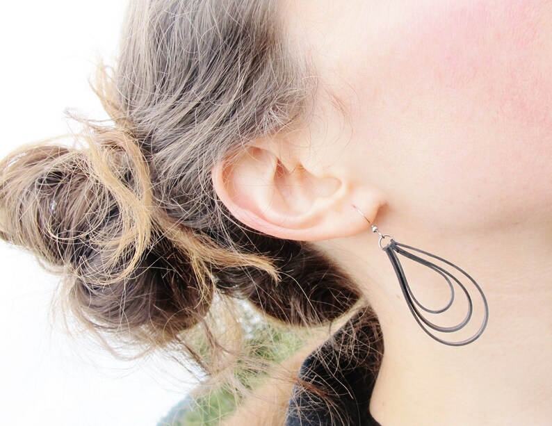 Black Loop Earrings, Bike Tire Earrings, Innertube Earrings, Recycled Jewelry, Hoop Earrings, Rose Pedals Jewelry, Ships From Canada image 4