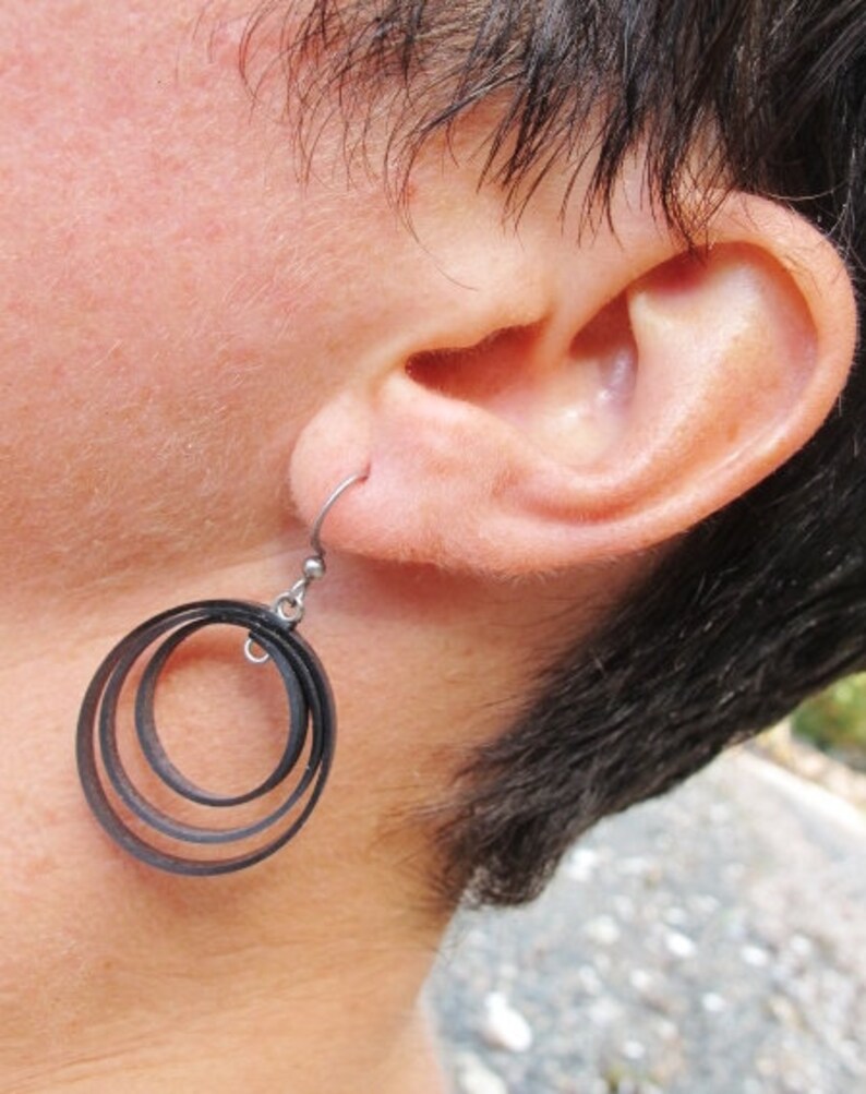 Bike Tube Loop Earrings, Bike Tire Earrings, Rose Pedals Jewelry, Black