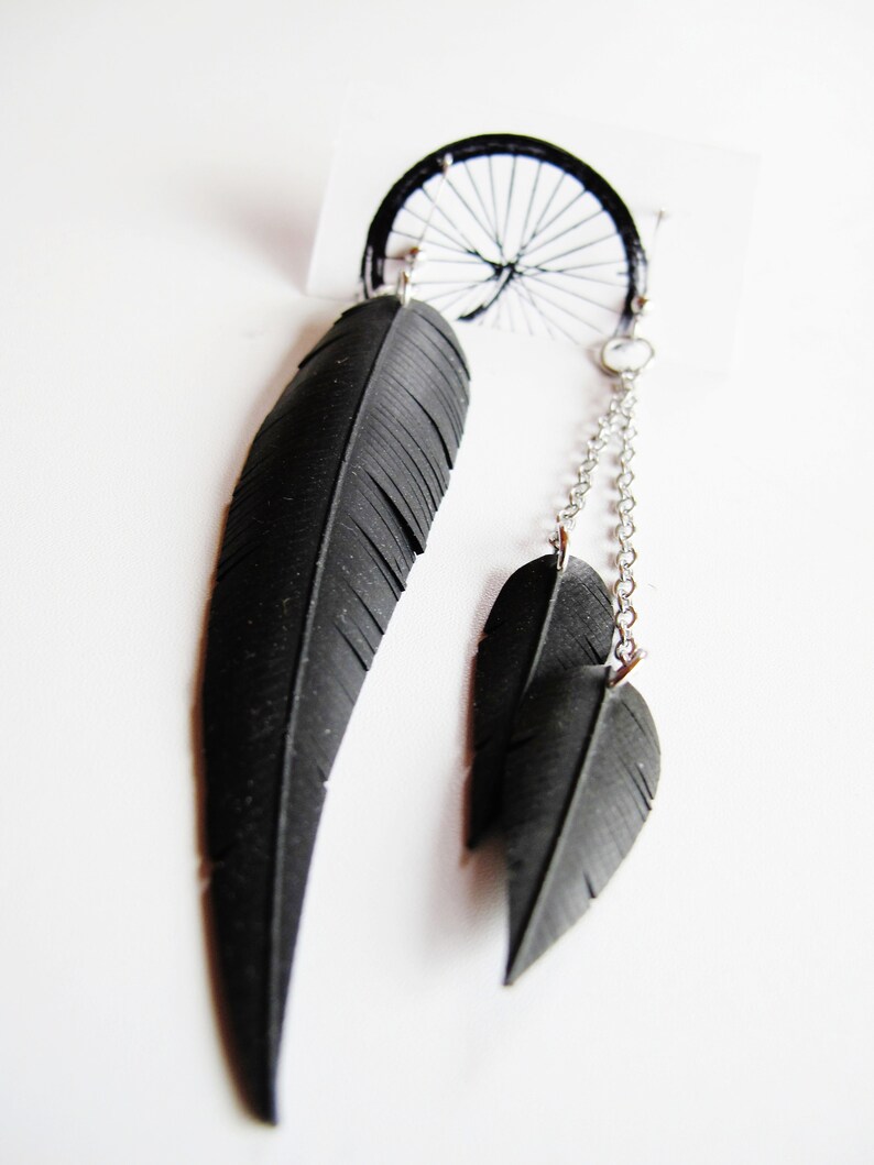 Asymmetrical Earrings, Recycled Jewelry, Feather Earrings, Statement Earrings, Mismatched Earrings, Bike Tire Earrings, Rose Pedals image 3