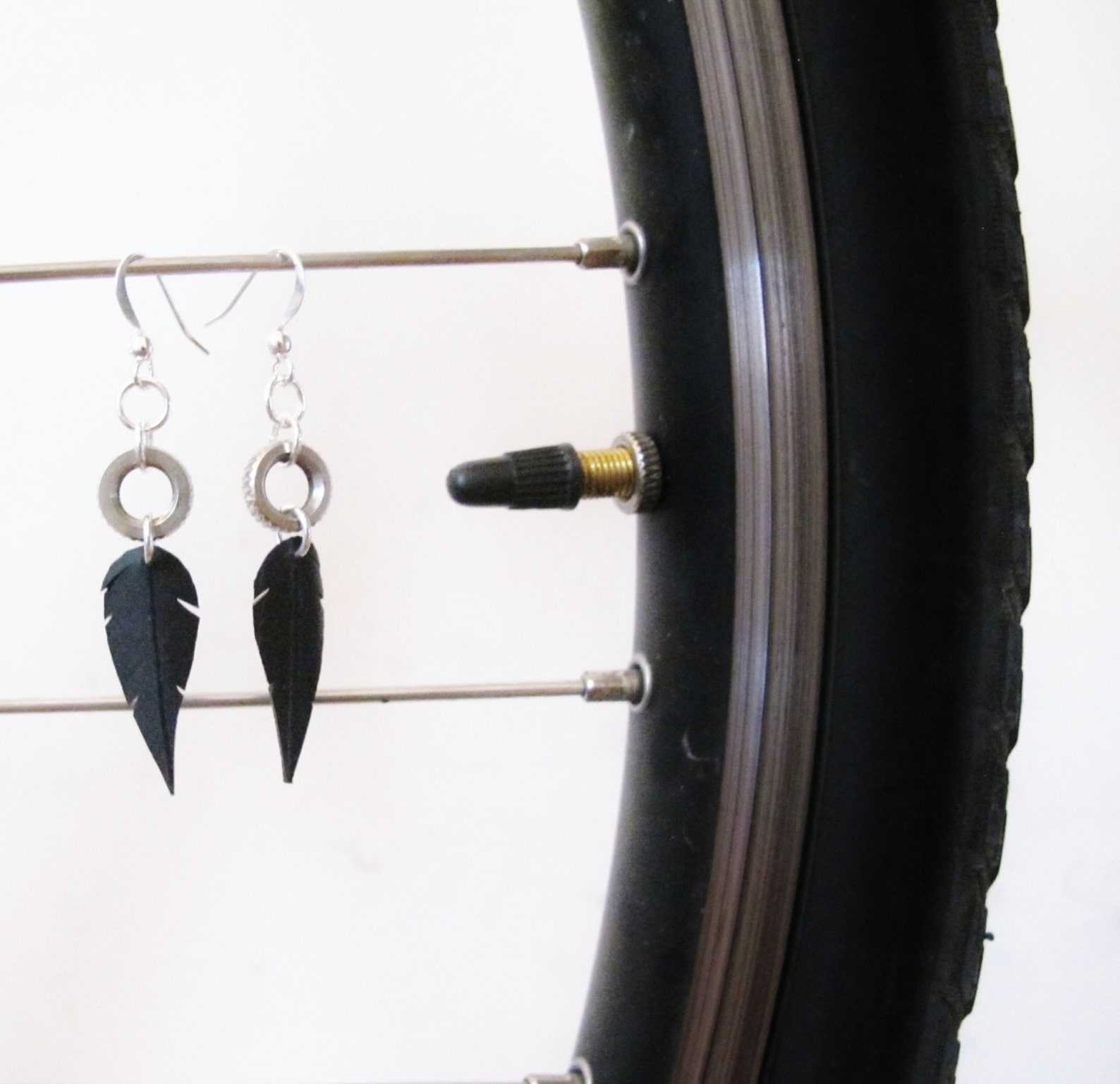 Black Feather Earrings Bike Tire Jewelry Bike Tube Earrings Etsy