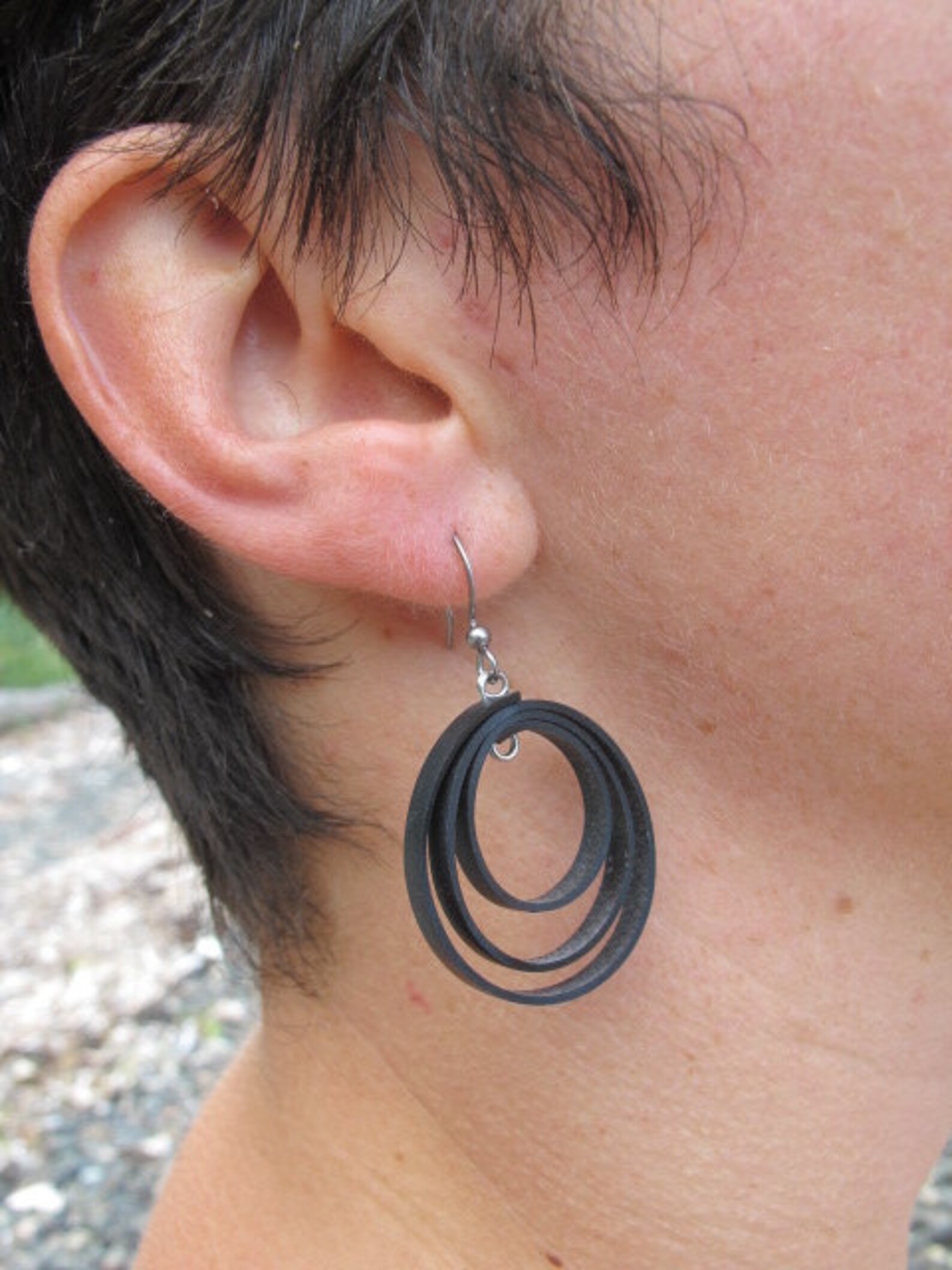 Bike Tube Loop Earrings, Bike Tire Earrings, Rose Pedals Jewelry, Black