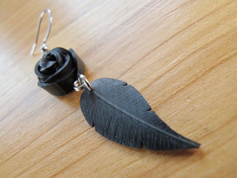 Black Rose Earrings, Feather Earrings, Flower Earrings, Bike Tire Earrings, Recycled Jewelry, Rose Pedals Jewelry, Innertube Earrings image 5