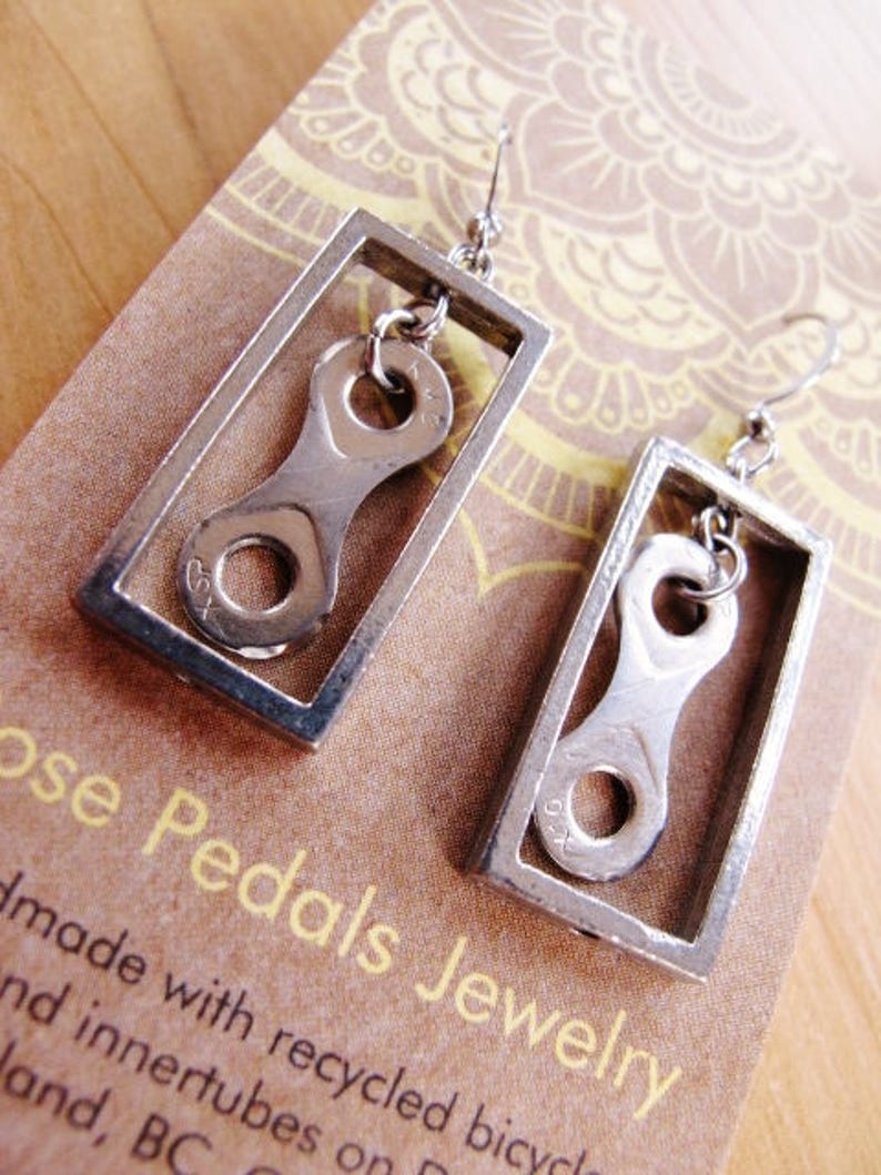 Bike Chain Rectangle Earrings, Biker Earrings, Recycled Bicycle Jewelry, Rose Pedals Jewelry, Ships from Canada, Bike Chain Jewelry, image 5