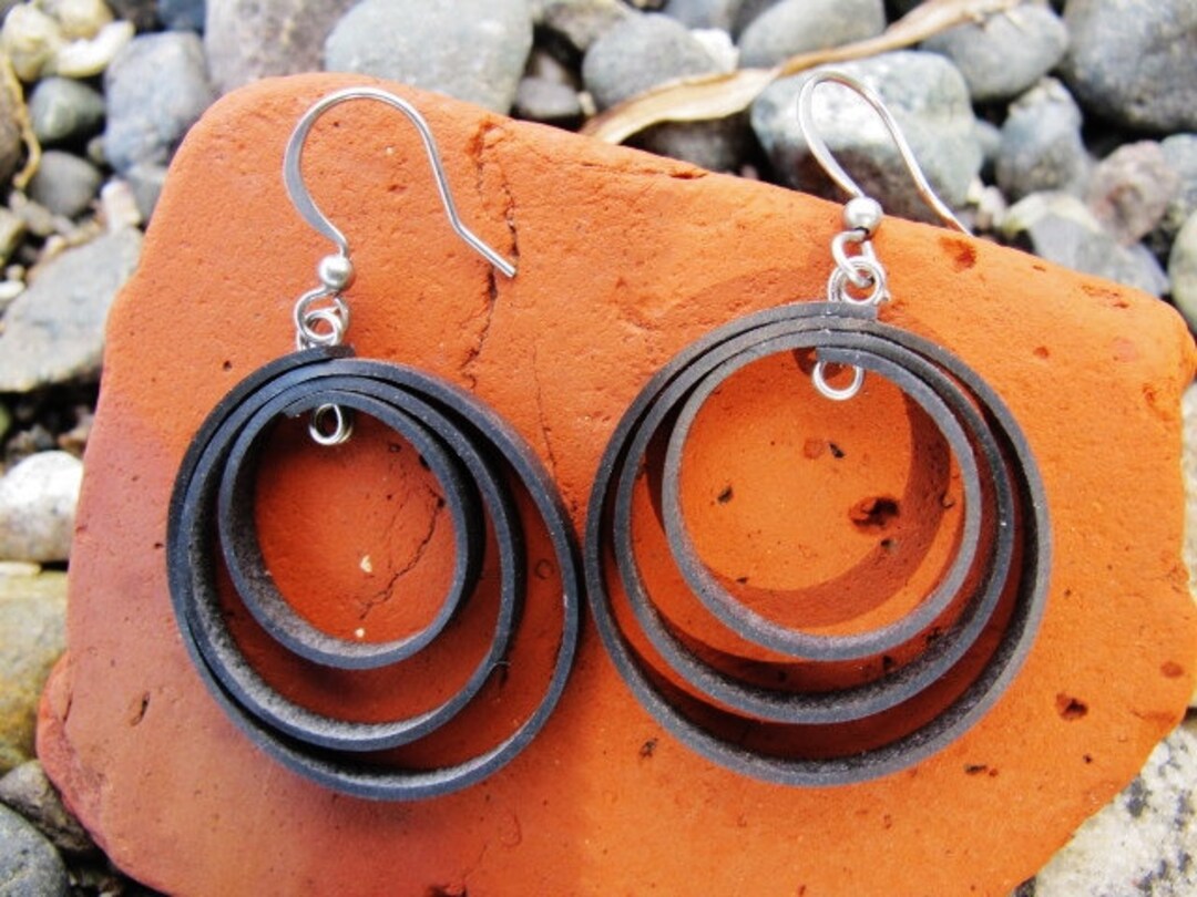 Bike Tube Loop Earrings, Bike Tire Earrings, Rose Pedals Jewelry, Black
