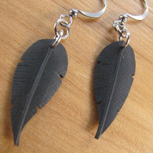 Small Black Feather Earrings, Bike Tire Earrings, Bicycle Innertube Earrings, Recycled Jewelry, Rose Pedals, Ships From Canada