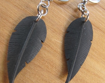 Small Black Feather Earrings, Bike Tire Earrings, Bicycle Innertube Earrings, Recycled Jewelry, Rose Pedals, Ships From Canada