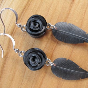 Black Rose Earrings, Feather Earrings, Flower Earrings, Bike Tire Earrings, Recycled Jewelry, Rose Pedals Jewelry, Innertube Earrings image 7