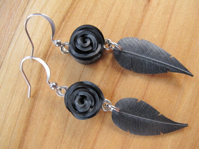 Black Rose Earrings, Feather Earrings, Flower Earrings, Bike Tire Earrings, Recycled Jewelry, Rose Pedals Jewelry, Innertube Earrings image 7