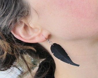 Feather Earrings, Bike Tire Earrings, Bike Tube Earrings, Recycled Jewelry, Black Rubber Earrings, Rose Pedals Jewelry, Made in Canada