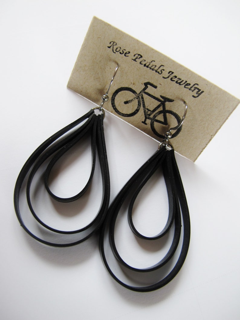 Black Loop Earrings, Bike Tire Earrings, Innertube Earrings, Recycled Jewelry, Hoop Earrings, Rose Pedals Jewelry, Ships From Canada image 8