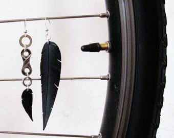 Mismatched Feather Earrings, Asymmetrical Bike Parts Earrings, Earrings, Mixed Metal Jewelry, Bicycle Innertube Jewelry, Recycled Jewelry