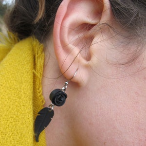 Black Rose Earrings, Feather Earrings, Flower Earrings, Bike Tire Earrings, Recycled Jewelry, Rose Pedals Jewelry, Innertube Earrings image 8