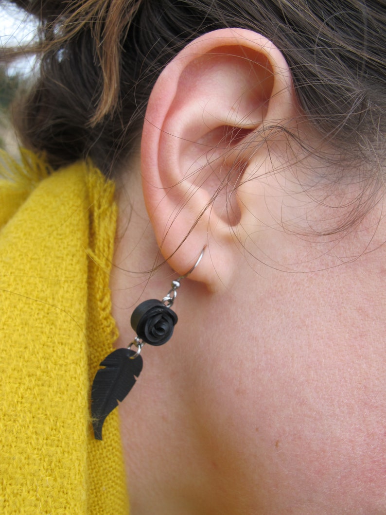 Black Rose Earrings, Feather Earrings, Flower Earrings, Bike Tire Earrings, Recycled Jewelry, Rose Pedals Jewelry, Innertube Earrings image 8