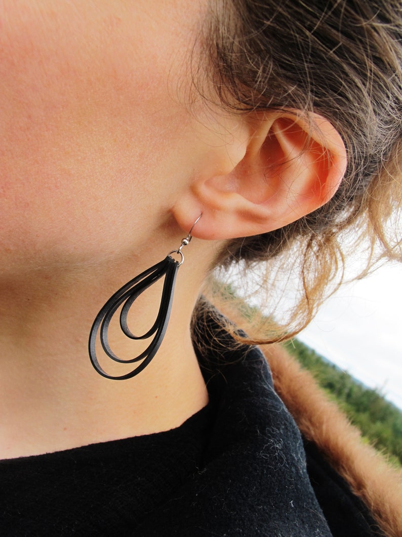 Black Loop Earrings, Bike Tire Earrings, Innertube Earrings, Recycled Jewelry, Hoop Earrings, Rose Pedals Jewelry, Ships From Canada image 1