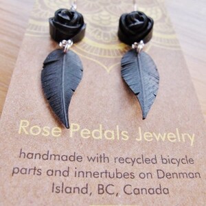 Black Rose Earrings, Feather Earrings, Flower Earrings, Bike Tire Earrings, Recycled Jewelry, Rose Pedals Jewelry, Innertube Earrings image 4