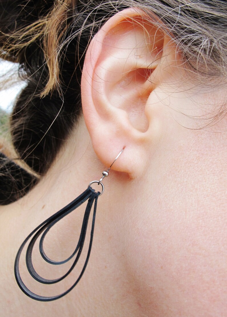 Black Loop Earrings, Bike Tire Earrings, Innertube Earrings, Recycled Jewelry, Hoop Earrings, Rose Pedals Jewelry, Ships From Canada image 3