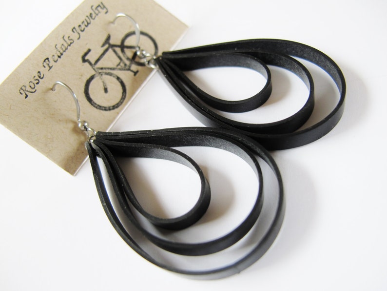 Black Loop Earrings, Bike Tire Earrings, Innertube Earrings, Recycled Jewelry, Hoop Earrings, Rose Pedals Jewelry, Ships From Canada image 2