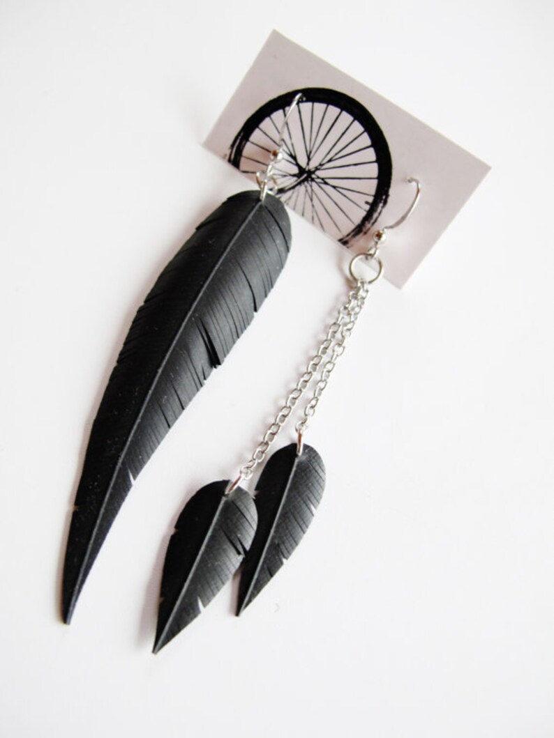 Asymmetrical Earrings, Recycled Jewelry, Feather Earrings, Statement Earrings, Mismatched Earrings, Bike Tire Earrings, Rose Pedals image 1