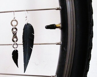 Mismatched Earrings, Feather Earrings, Asymmetrical Earrings, Bike Tire Jewelry, Recycled Jewelry, Rose Pedals Jewelry, Ships from Canada