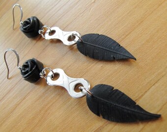 Rose Chain Feather Earrings, Bicycle Chain Earrings, Recycled Jewelry, Bike Innertube Jewelry, Rose Pedals Jewelry, Ships From Canada