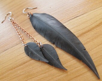 Mismatched Feather Earrings, Asymmetrical Earrings, Bicycle Tire Earrings, Bike Tube Feather Earrings, Copper Chain Earrings, Made in Canada