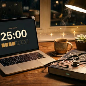 May include: A laptop displays a 25-minute timer on its screen, next to a cup of coffee, a medical textbook, and a stethoscope. A desk lamp and a small succulent plant are also visible, creating a study or work environment.