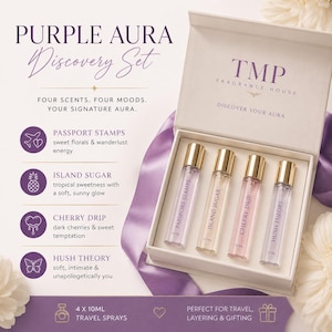 May include: A Purple Aura Discovery Set by TMP Fragrance House containing four 10ml travel spray perfume vials labelled Passport Stamps, Island Sugar, Cherry Drip, and Hush Theory, presented in a white hinged box with purple ribbon accents.