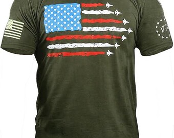 Distressed American Flag T-Shirt: Patriotic Stars Stripes with Jets, 4th July Apparel