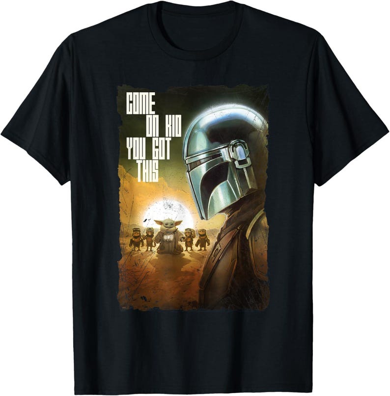 Op de afbeelding: Zwart T-shirt met een afbeelding uit de serie The Mandalorian. Het ontwerp toont de helm van de Mandalorian, Grogu en de tekst "COME ON KID YOU GOT THIS".
