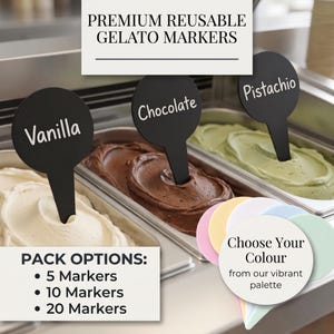May include: Premium reusable gelato markers in black with white text labels for Vanilla, Chocolate, and Pistachio. The set includes pack options of 5, 10, or 20 markers. A circular graphic displays a vibrant color palette with the text Choose Your Colour.