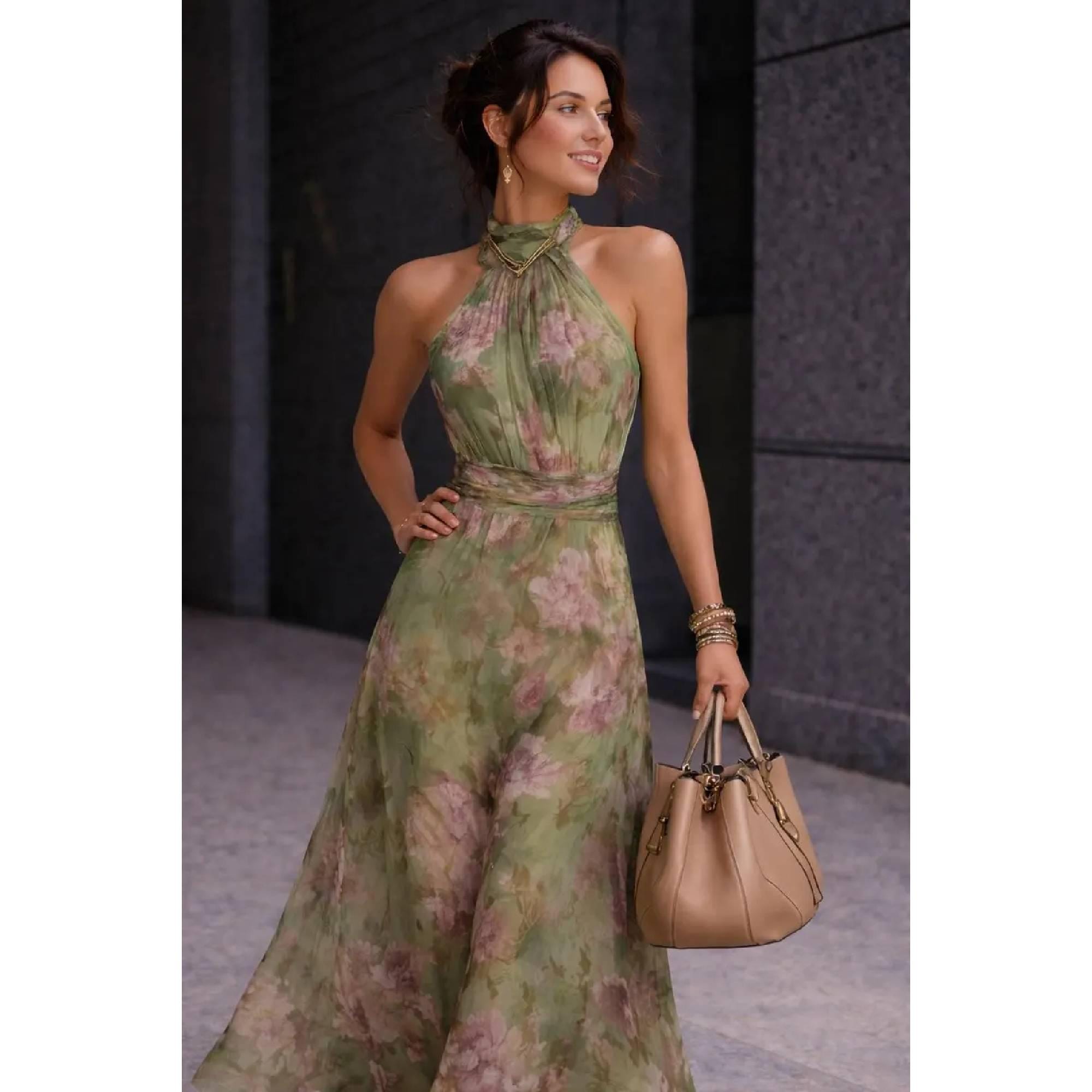 sage green floral wedding guest dress ZAPAKA Women Sage Green Long Wedding Guest Dress A-Line Halter Print Floral Formal Dress, Sage / US16W main image 1