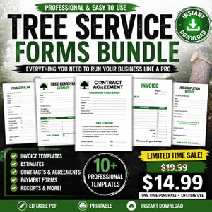 Peut inclure: Un ensemble de formulaires de services d'arbres, comprenant des factures, des devis, des contrats, des formulaires de paiement et des reçus. L'ensemble comprend plus de 10 modèles professionnels pour les entreprises.