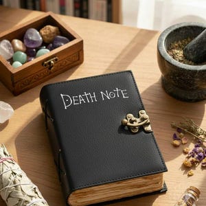 May include: A black leather-bound journal with the words "DEATH NOTE" printed in white on the front cover. The journal features a brass-coloured metal latch closure and thick, textured, cream-coloured pages visible along the side edges.