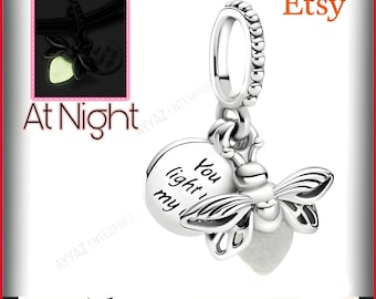 Glow-in-the-Dark Firefly Charm, Sterling Silver Dangle Pendant, Luminous Bug Bead (Bracelet Compatible)