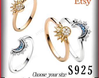 Sun and Moon Ring Set S925 Sterling Silver Celestial Sparkling Golden and Silver | Gift for her | Choose Your Size