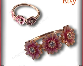 Pink Daisy Flower Trio Ring, 14K Rose Gold Plated Jewellery for Women, Elegant Statement Accessory | Choose you size