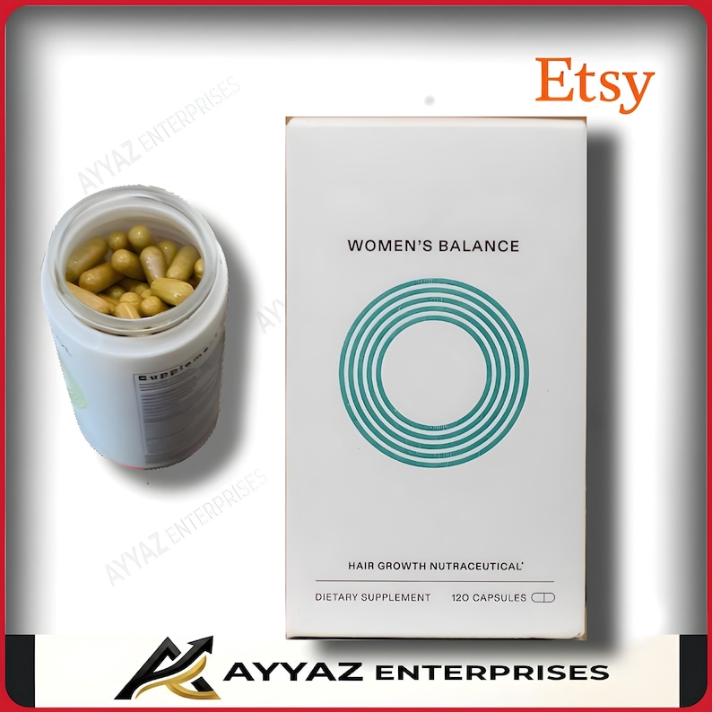 May include: A white box with the text "WOMEN'S BALANCE" and a teal circular design. The box also states "HAIR GROWTH NUTRACEUTICAL" and "DIETARY SUPPLEMENT 120 CAPSULES." Beside the box is a white jar filled with yellow capsules.