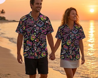 Matching  80s Retro Hawaiian Shirt, Vintage Boombox Aloha Shirt, Neon Music Button Up, Cassette Disco Beach Shirt, Unisex Gift
