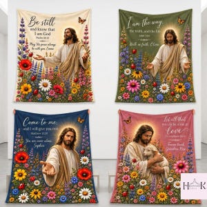 May include: Four rectangular wall tapestries featuring religious imagery of Jesus surrounded by colorful wildflowers and butterflies. Each tapestry includes unique inspirational text and names, with designs in cream, olive green, navy blue, and pink backgrounds.
