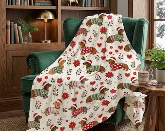 Christmas Dachshund Blanket, Cute Wiener Dog Holiday Throw, Soft Fleece Xmas Blanket, Cozy Christmas Gift for Dog Lover