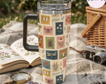 Gobelet papillon et mite 40 oz avec anse, tasse à café à motif de tampon vintage, tasse libellule et scarabée, gobelet de voyage esthétique universitaire