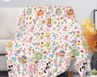 Cute Kawaii Blanket, Pastel Teddy Bear Cat Bunny Fleece Throw, Coquette Cottagecore Blanket, Cozy Gift for Girls