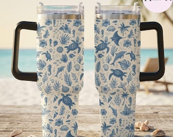 40oz Tumbler With Handle, Blue Coastal Sea Turtle Travel Mug, Ocean Dolphin Shell Insulated Cup, Beach Vacation Gift for Her