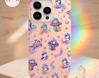 Cute Space Cat Tough Phone Case, Kawaii Galaxy iPhone Cover, Astronaut Kitty MagSafe Case, Pastel Cosmic Gift for Cat Lovers