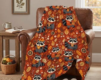 Fall Raccoon Blanket, Cute Autumn Forest Animal Throw, Cozy Fleece Blanket, Thanksgiving Cabin Decor, Gift for Her