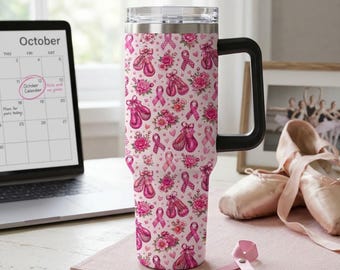 Breast Cancer Awareness Tumbler, Pink Ribbon Ballet Shoes 40oz Tumbler with Handle, Pink October Gift
