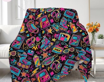 Retro 80s 90s Throw Blanket, Neon Roller Skate Blanket, Vaporwave Arcade Fleece, Retro Cassette Gamer Room Decor Gift