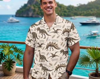 Dinosaur Skeleton Hawaii Shirt, Vintage Dino Fossil Pattern Shirt, Triceratops T Rex Pterodactyl Aloha Shirt, Prehistoric Summer Button Up