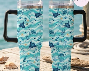 Sea Turtle 40oz Tumbler With Handle, Ocean Wave Travel Mug, Manta Ray Jellyfish Beach Cup, Coastal Summer Gift for Her